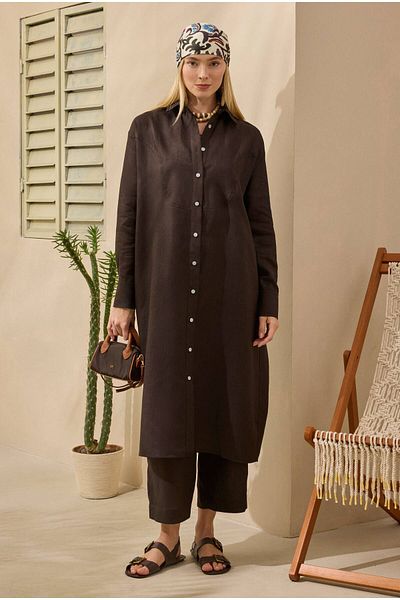HEQA Raw Linen Long Shirt Bitter Brown