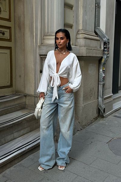 ecemore Lace-Up Front Low-Cut Long-Sleeved Linen Look Blouse