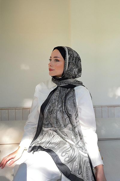 ARMANDA Ethnic Voile Vintage Pattern Shawl - Black - Gray