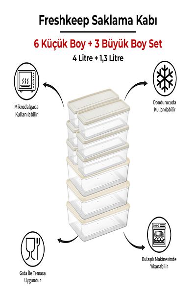 bizimevde 9 Storage Containers (3 Large-6 Medium Size) 4 Liter + 1.3 Liter Deep Freezer Microwave Compatible