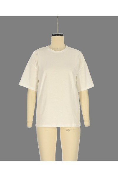 LUMİART Truvakar Sleeve Basic Oversize T-Shirt Ecru