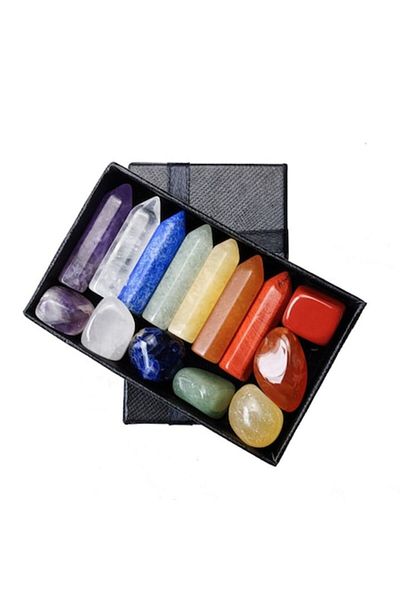 TrioStore Set of 7 Polished Semi-Precious Stones and 7 Natural Hexagonal Semi-Precious Crystals