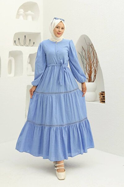 Viskosa Lace Trimmed Hijab Dress with Layered Skirt Tie Waist and Long Sleeves – Stylish and Comfortable Design