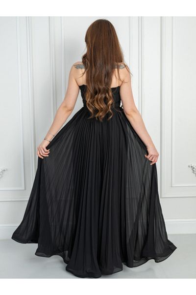 Nice Model Black Strapless Pleated Chiffon Evening Gown with Silver Sequin Embellishments - Formal Prom Dress