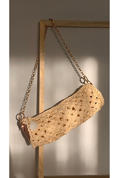 Beril Yamaç Design Studio Macrame Raffia Knitted Cylinder Clutch Raffia Bag