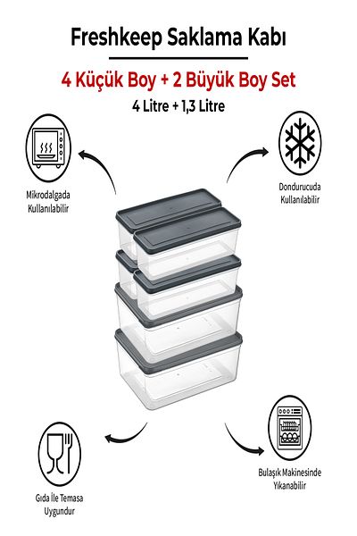 bizimevde 6 Storage Containers (2 Large-4 Medium Size) 4 Liters + 1.3 Liters Deep Freezer Microwave Compatible