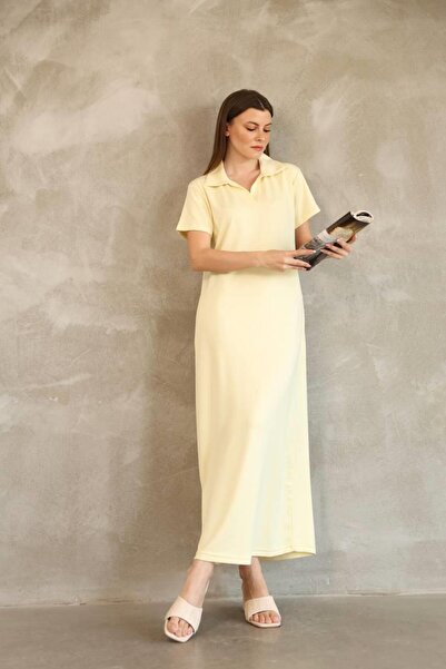 Genel Markalar Sarı Butter Yellow Polo Yaka Modal Kumaş Yırtmaçlı Uzun Elbise