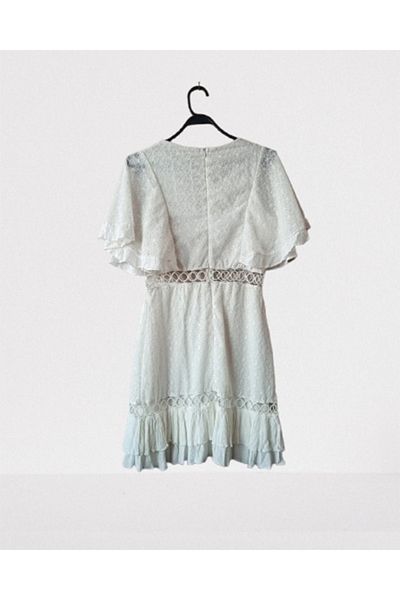 Namaste Vintage White Embroidered Scallop Detailed Handkerchief Sleeve Low-Cut Waist Dress