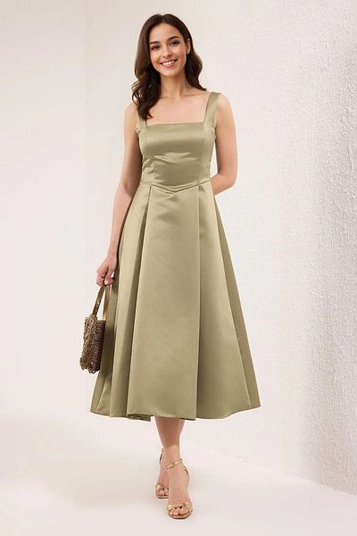 Trendyol Collection Λαδί Πράσινο Σατέν Ύφανση Κομψό Βραδινό Φόρεμα Αποφοίτησης TPRAW25EL00040