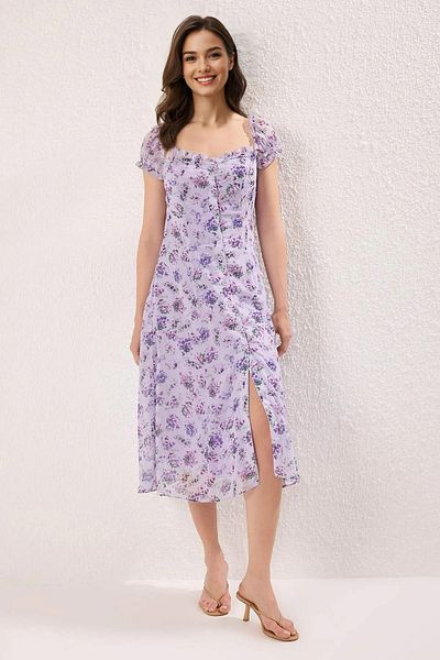 Trendyol Collection Lilac Floral Lined Chiffon Flight Flight Woven Midi Shirt Dress Twoss25El00563