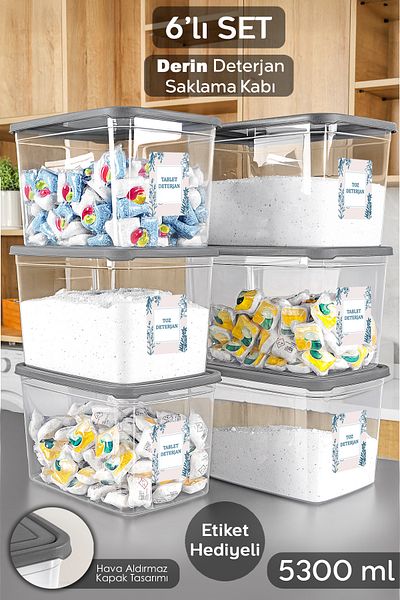 Meleni Home 6-Piece Mega Size Detergent Storage Box - Bathroom Tablet Powder Detergent Box with Label 5.3 Liter Transparent