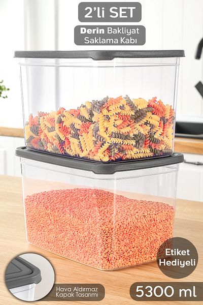 Meleni Home 2 Deep Food Storage Containers with Labels - Pulses Flour Container Large Size Food Box 5300 ml Transparent