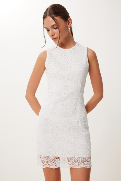 Happiness İstanbul Kadın Beyaz Dantelli Mini Dokuma Elbise FN03464