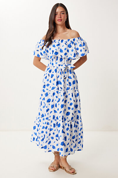 Happiness İstanbul Γυναικείο Φόρεμα με Λευκό Μπλε Σχέδιο Carmen γιακά FG00040