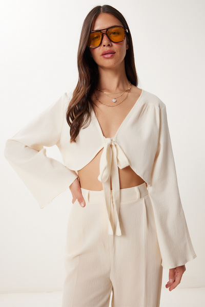 Happiness İstanbul Women's Cream Binding Detailed Linen Blouse Pants Suit Bv00125