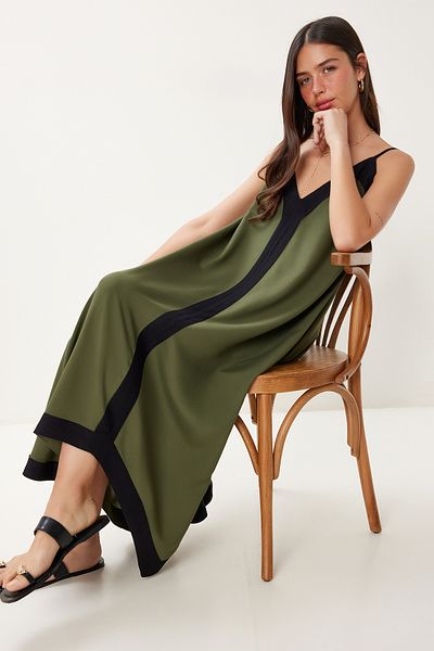 Happiness İstanbul Damen-Sommer-Viskosekleid in Khaki-Schwarz mit Kontrastfarbe FG00045