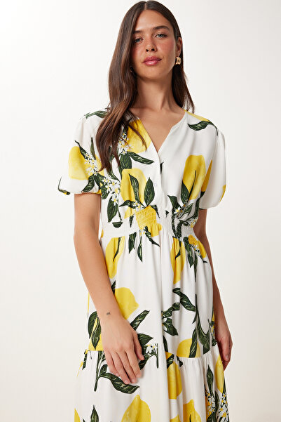 Happiness İstanbul Dámské letní viskózové šaty Ecru Yellow Lemon se vzorem FN03467