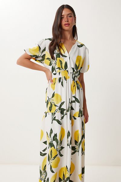 Happiness İstanbul Women's Ecru Yellow Lemon Patterned Flounced Summer Viscose Dress Fn03467