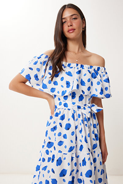 Happiness İstanbul Γυναικείο Φόρεμα με Λευκό Μπλε Σχέδιο Carmen γιακά FG00040