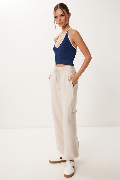 Happiness İstanbul Women's Cream Pocket Linen Cargo Pants Mx00212
