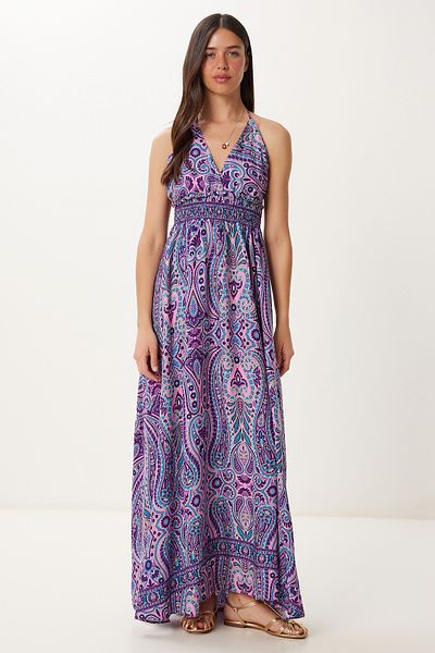 Happiness İstanbul Damen-Sommerkleid aus Viskose mit Neckholder-Muster in Lila und Rosa FG00046