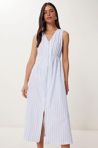 Happiness İstanbul Rochie midi țesută cu dungi pentru femei Sky Blue White FG00049
