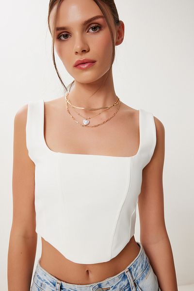 Happiness İstanbul Women's Ecru Cream 2 Pack Strap Crop Woven Blouse Mx00220