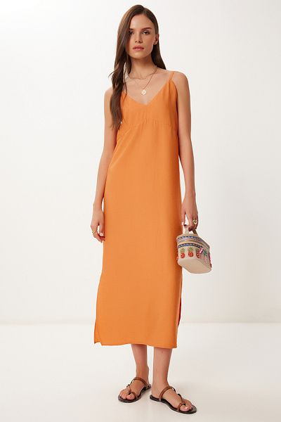 Happiness İstanbul Women's Orange Strap Summer Midi Crinkle Dress Mx00195