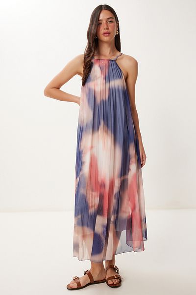 Happiness İstanbul Women's Navy Blue Pink Patterned Pleated Midi Tulle Dress Fn03472