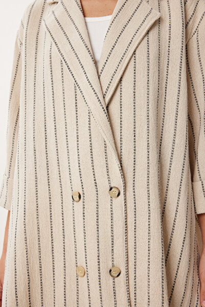 Happiness İstanbul Γυναικείο Κρεμ Μαύρο Oversize Ριγέ Εποχιακό Λινό Μπουφάν MX00224