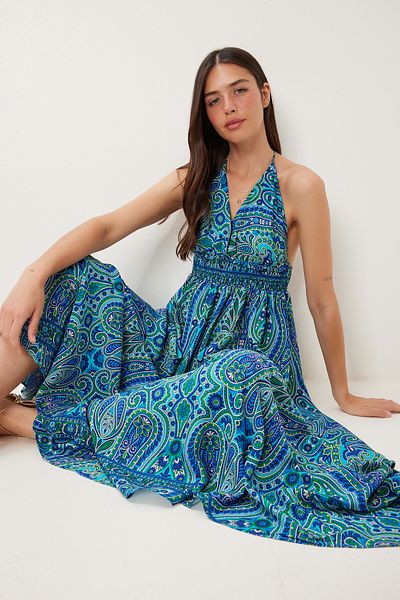 Happiness İstanbul Rochie de vară din viscoză cu model pentru femei, albastru, verde, cu gât FG00046