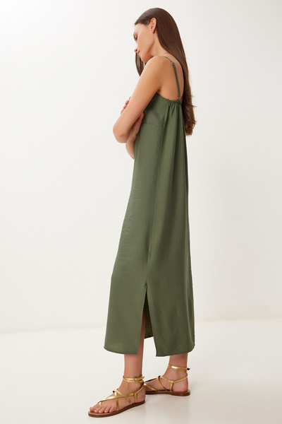 Happiness İstanbul Women's Khaki Strap Summer Midi Crinkle Dress Mx00195