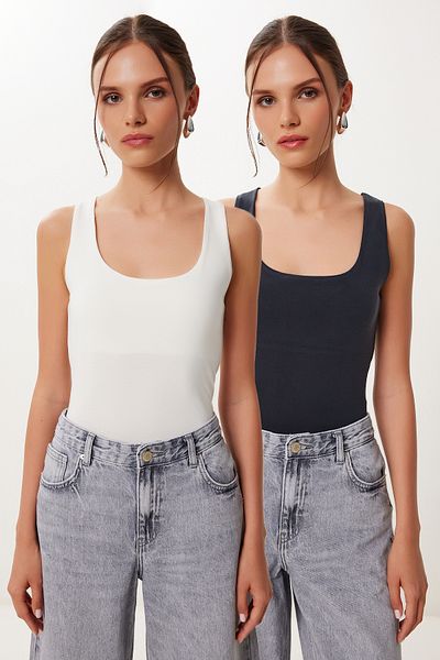 Happiness İstanbul Women's Anthracite Bone 2 Pack Basic Modal Blouse Fn03476
