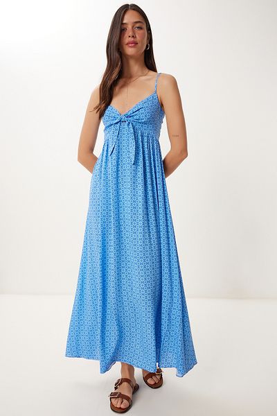 Happiness İstanbul Rochie de vară din viscoză cu model cu bretele albastre FG00043