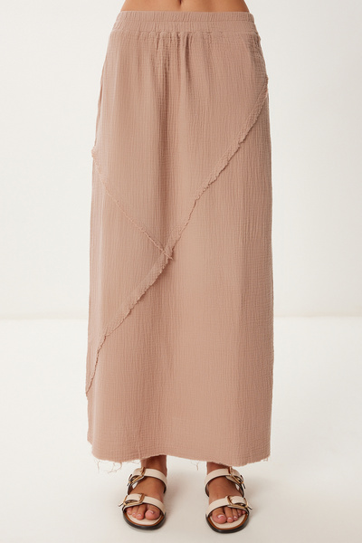 Happiness İstanbul Women's Beige Stitching Detailed Midi Muslin Skirt Bv00136