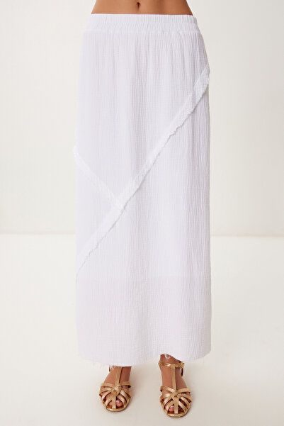 Happiness İstanbul Women's White Stitching Detailed Midi Muslin Skirt Bv00136