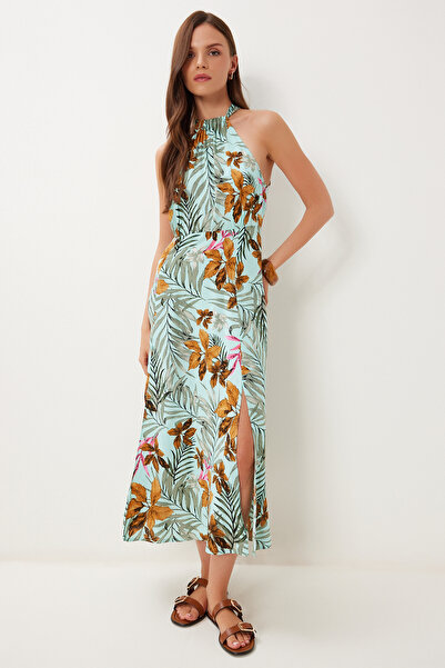 Happiness İstanbul Γυναικείο φόρεμα μίντι βισκόζης με μοτίβο με γιακά με πράσινο μπλε μπλε FG00047