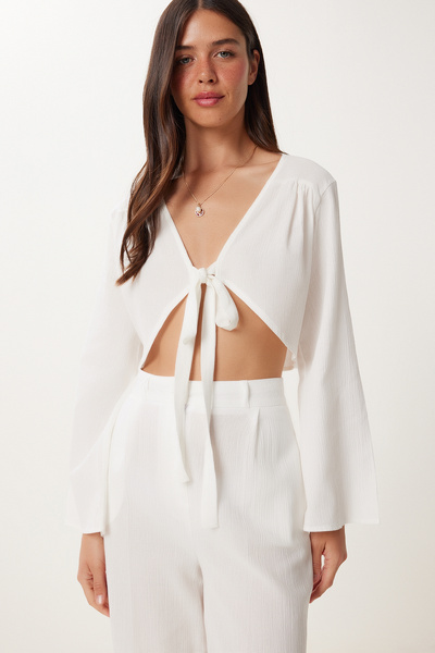 Happiness İstanbul Damen Ecru Schnürung Detaillierte Leinenbluse Hosenanzug BV00125