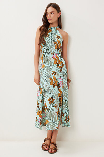 Happiness İstanbul Γυναικείο φόρεμα μίντι βισκόζης με μοτίβο με γιακά με πράσινο μπλε μπλε FG00047