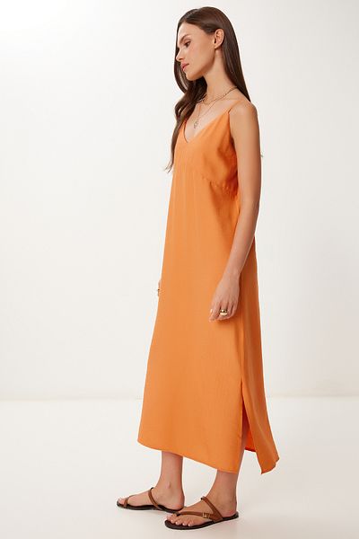 Happiness İstanbul Women's Orange Strap Summer Midi Crinkle Dress Mx00195