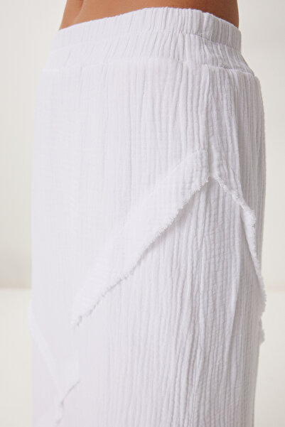 Happiness İstanbul Women's White Stitching Detailed Midi Muslin Skirt Bv00136