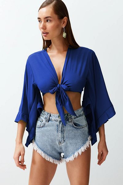 Trendyol Collection Bluză de plajă Saks Crop Woven Flounced TBESS19BB0095