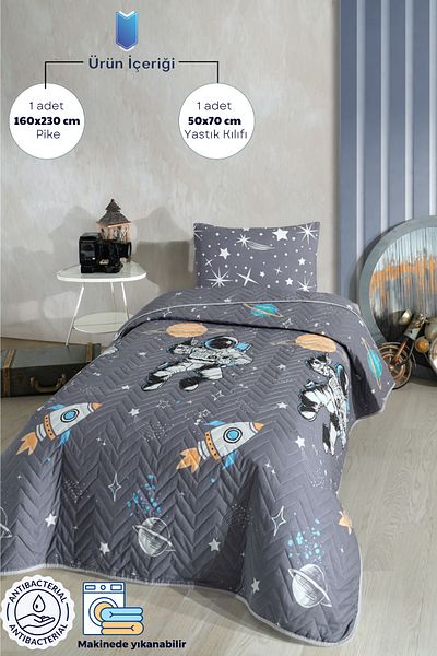 Formeya Astronaut Patterned Children-Teenager Room Single Pique-Bedspread Set 160 X 230 cm (Without Sheet)