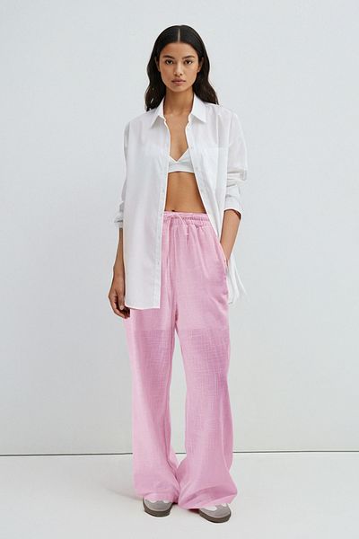 Trendyol Collection Light Pink Linen Look Wide Leg/Wide Leg Shorts Lined Elastic Waist Pants Twoss25Pl00121