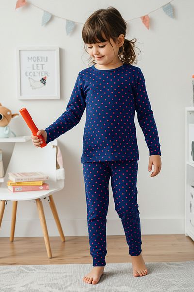 TRENDYOLKIDS Темно-синій унісекс комплект піжами в горошок Orme Top and Bottom Set TKDAW25AU00095