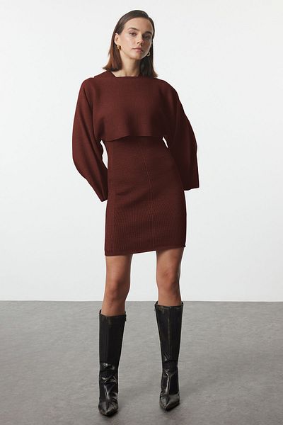Trendyol Collection Καφέ Μίνι Πλεκτά Μπολερό-Φόρεμα Σετ TWOAW25EL00056