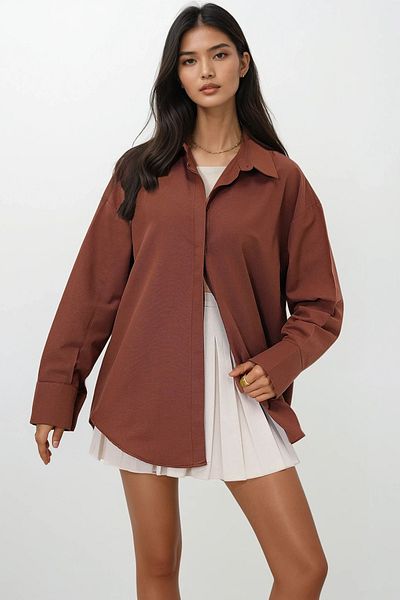 Trend Alaçatı Stili Dámská hnědá oversize dlouhá tkaná košile ALC-X6828