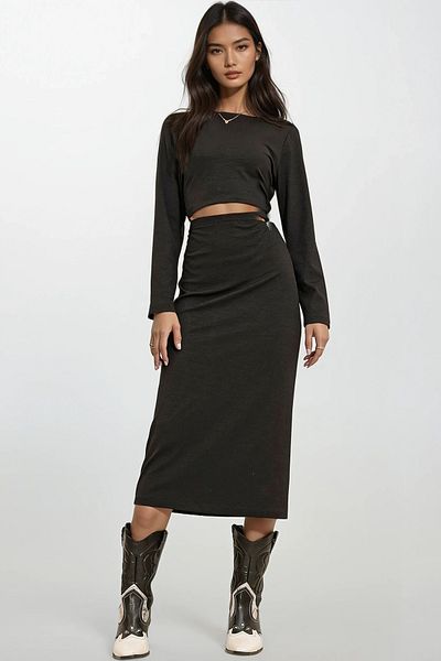 Trend Alaçatı Stili Women's Black Crew Neck Crop Blouse and Midiboy Corduroy Skirt Set ALC-X10874