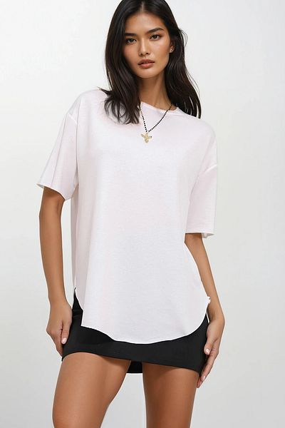 Trend Alaçatı Stili Tricou alb pentru damă, cu decolteu oval, modal ALC-X11506