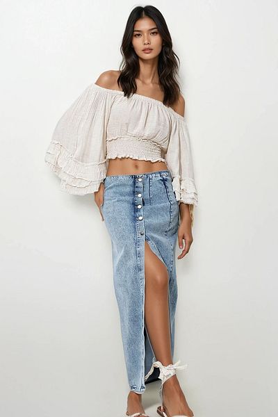 Trend Alaçatı Stili Fustă de jeans, albastră, cu buzunare dublu, spălată cu zăpadă, cu nasturi în față, lungime midi, ALC-X11936